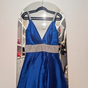 Va Va Voom Royal Blue V-Neck Prom Dress with Shimmer Waistband